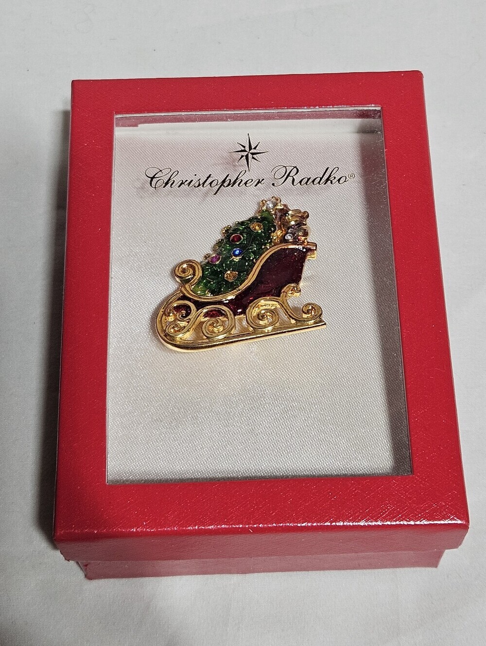 Christopher Radko Vintage Christmas Sleigh Tree Brooch Pin Rhinestone Enamel Box
